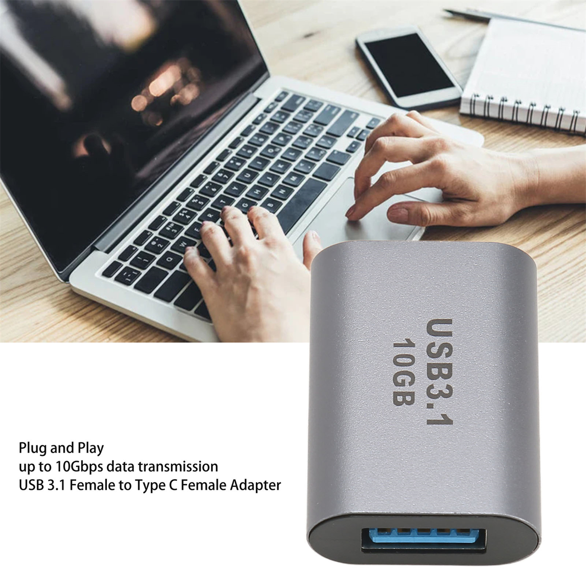 USB-Adapter. Laptop im Hintergrund. Text lautet USB3.1 10GB.