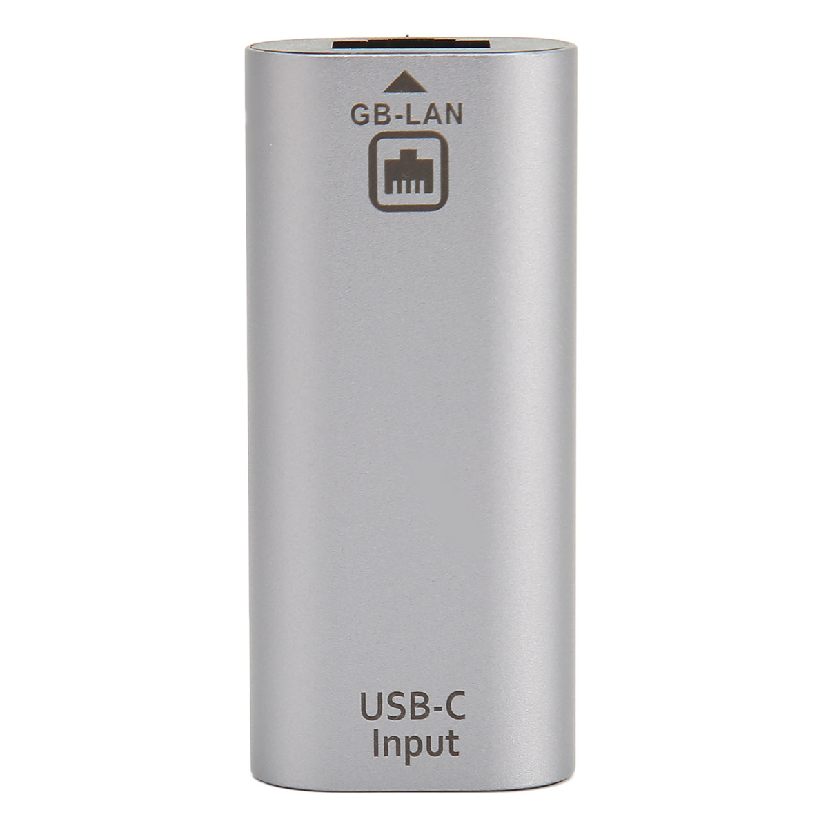 Ein silberner USB-C-Adapter mit der Aufschrift 'GB-LAN' und einem Netzwerksymbol.