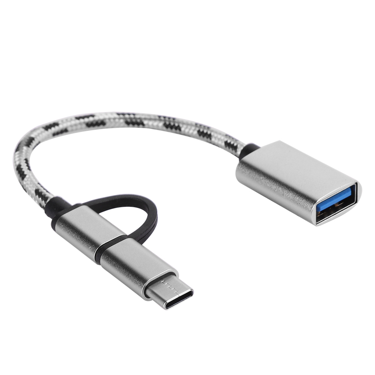 Ein silbernes USB-Adapterkabel mit einem USB- und einem USB-C-Anschluss, auf weißem Hintergrund.