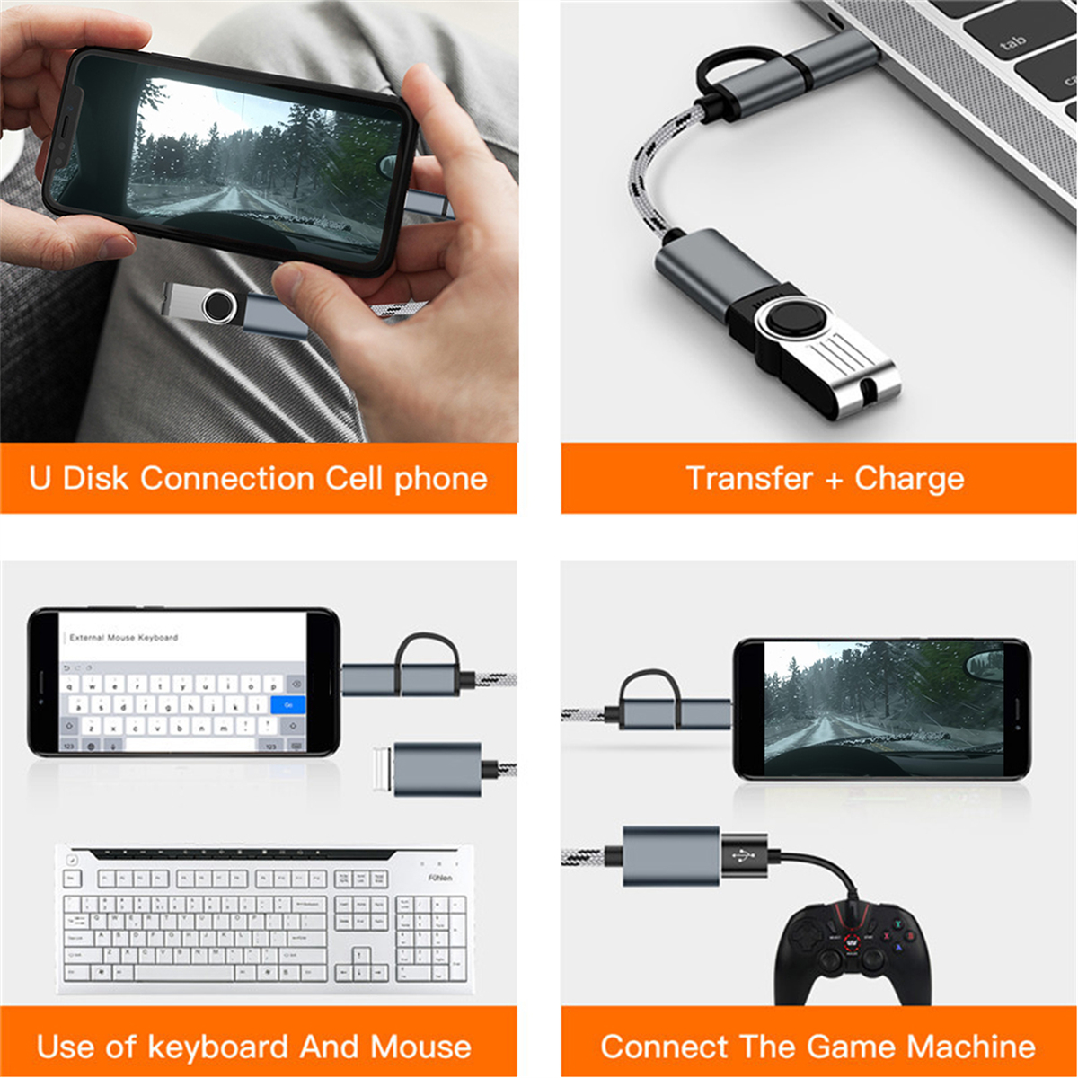 Vier Fotos, die Möglichkeiten zeigen, ein Telefon mit einem Laptop und einer Spielkonsole über ein USB-Kabel zu verbinden.