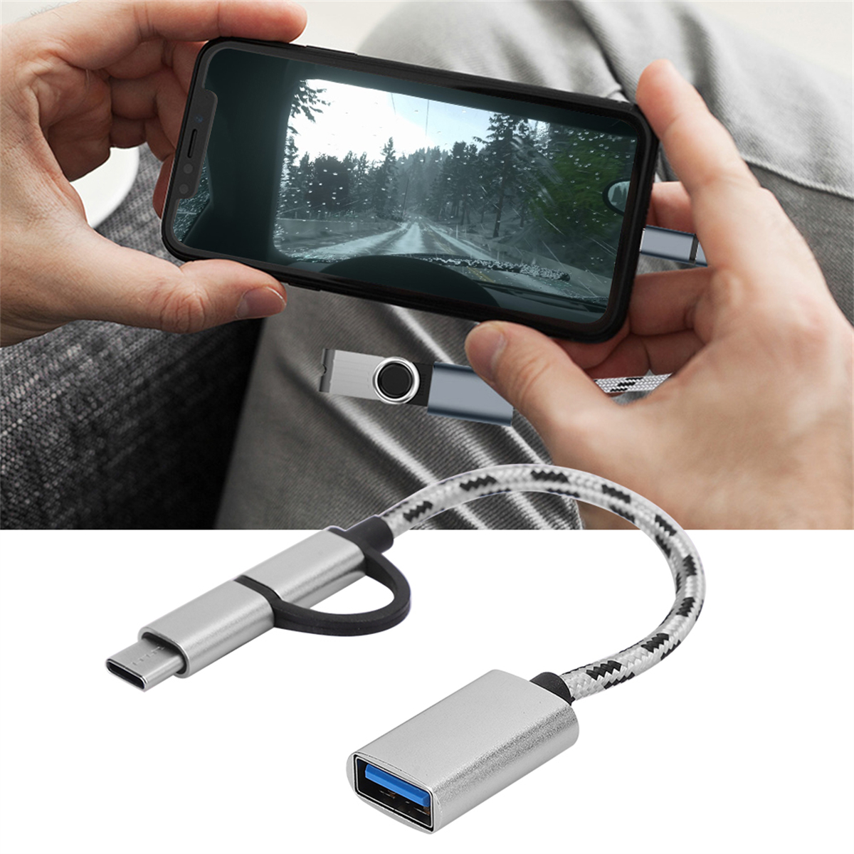 Telefon mit USB-C-Kabel verbunden. Telefon zeigt eine Autofahrszene.