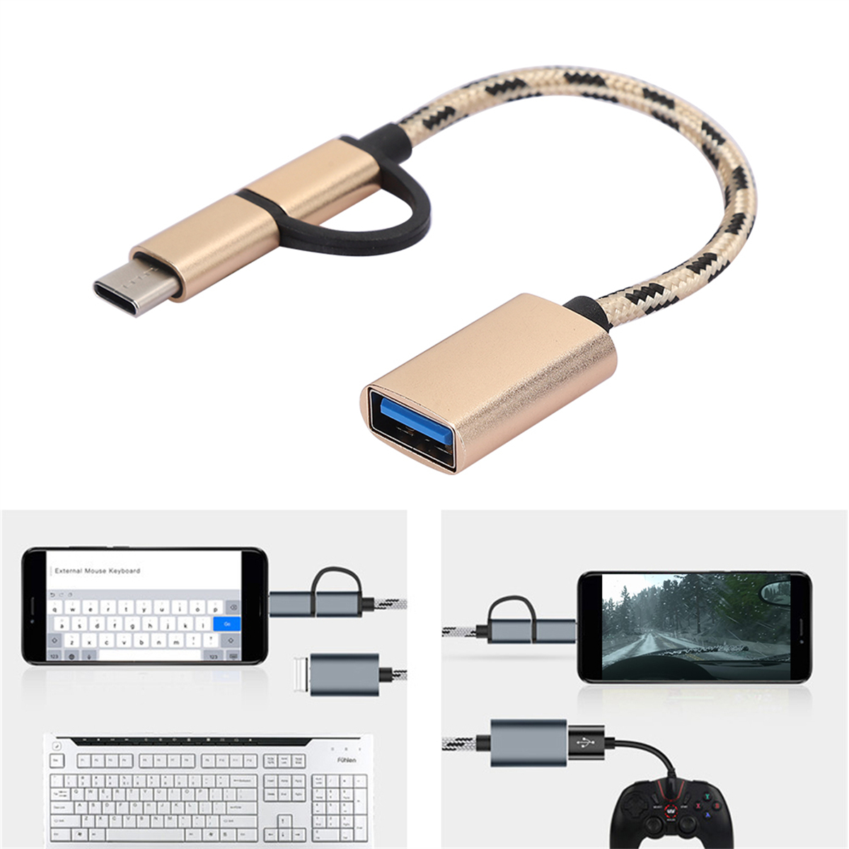 Ein goldener USB-C-zu-USB-A-Adapterkabel mit Telefon und Tastatur, plus Gamecontroller.
