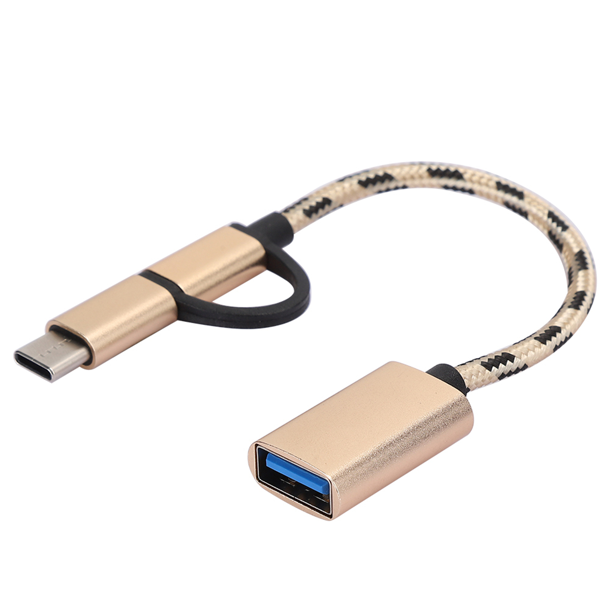 Ein goldfarbenes USB-Adapterkabel mit einem USB-C- und einem USB-A-Anschluss.