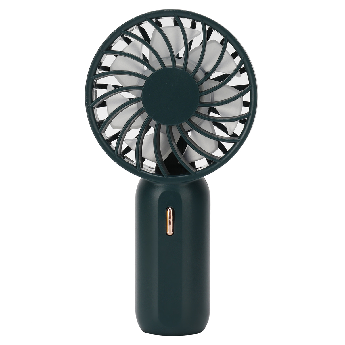 Ein grüner Handventilator mit dunklem grünem Griff und weißen Lüfterblättern.