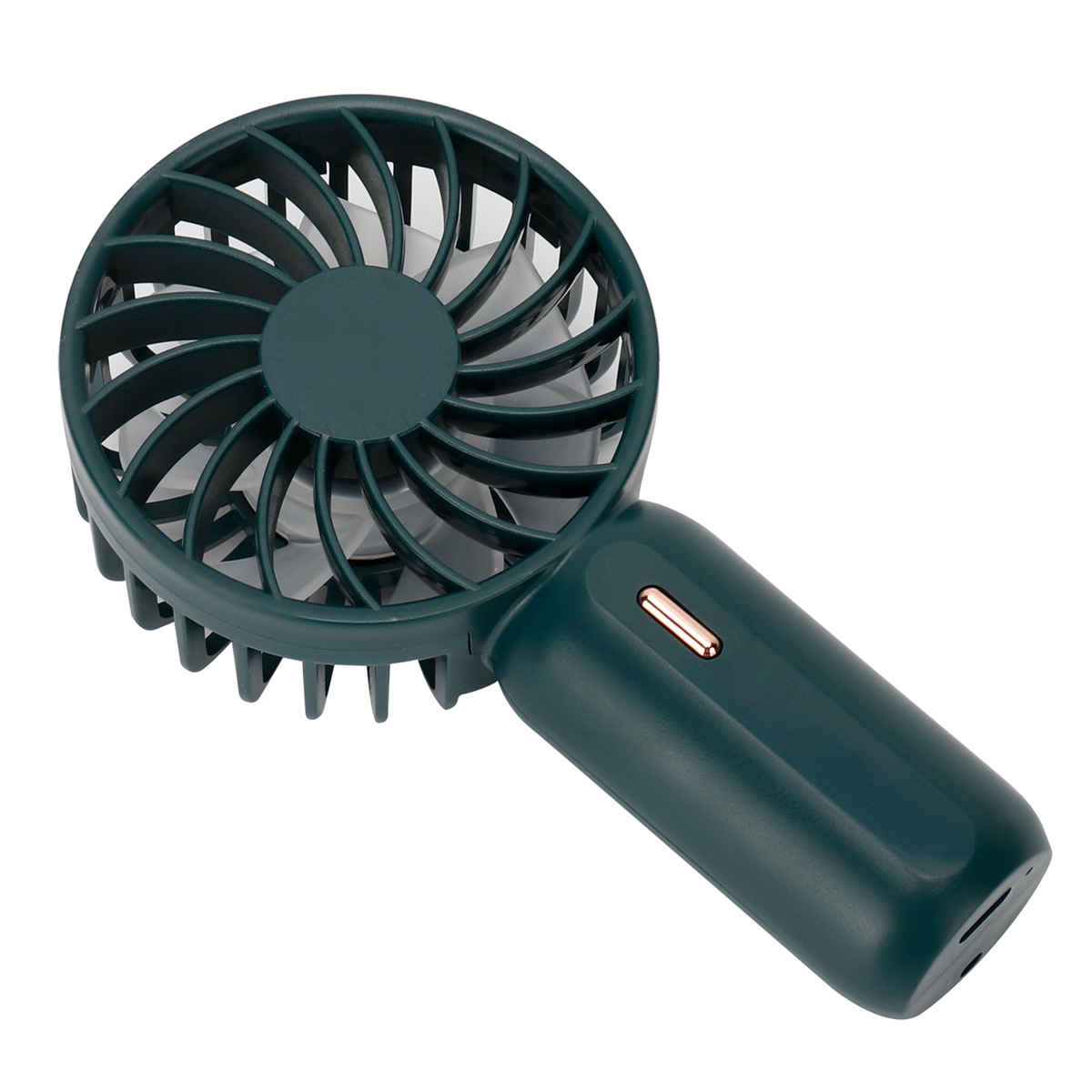 Ein türkisblauer tragbarer Ventilator mit rundem Design, aus der Nahaufnahme betrachtet.