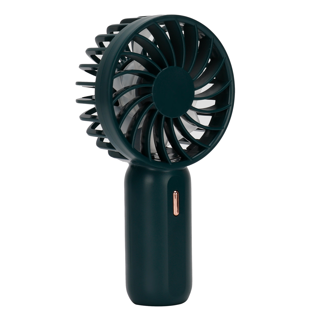 Ein dunkelgrüner Handventilator. Er hat einen Griff und einen kreisförmigen Lüfter mit Blättern. Ein goldener Knopf ist sichtbar.