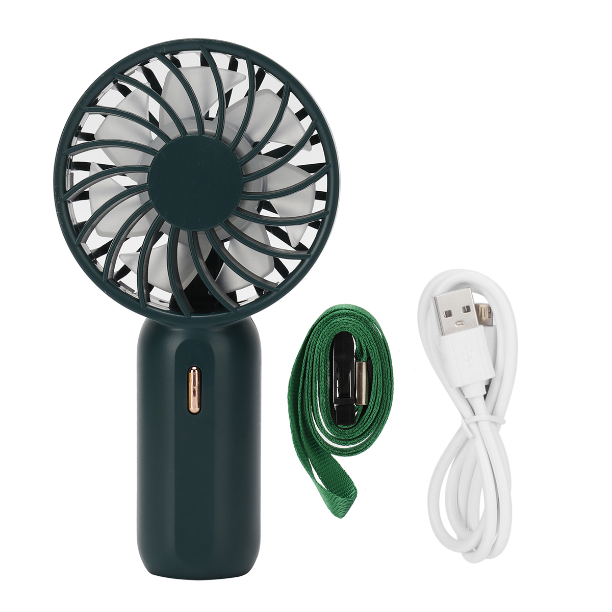 Grüner tragbarer Ventilator mit weißen Flügeln, USB-Kabel und Schlüsselband. Der Ventilator hat einen Griff.