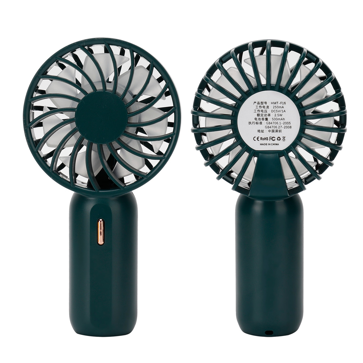 Zwei Handventilatoren. Beide sind grün mit weißen Flügeln. Die Rückseite eines Ventilators hat ein Etikett. Die Griffe sind lang.