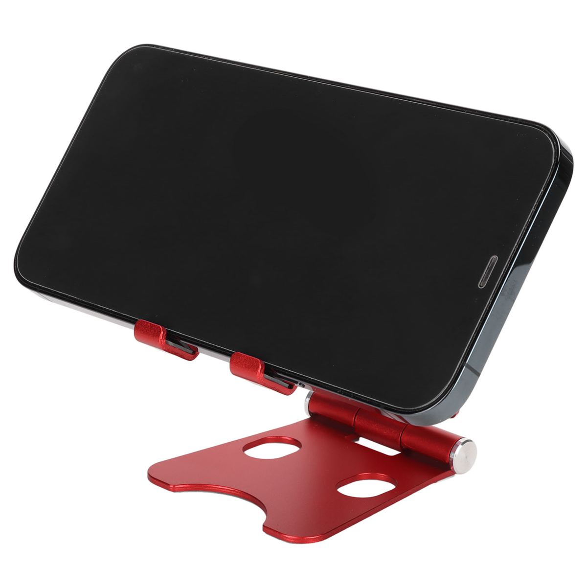 Roter Tablet-Ständer mit einem schwarzen Tablet. Der Ständer befindet sich auf weißem Hintergrund.