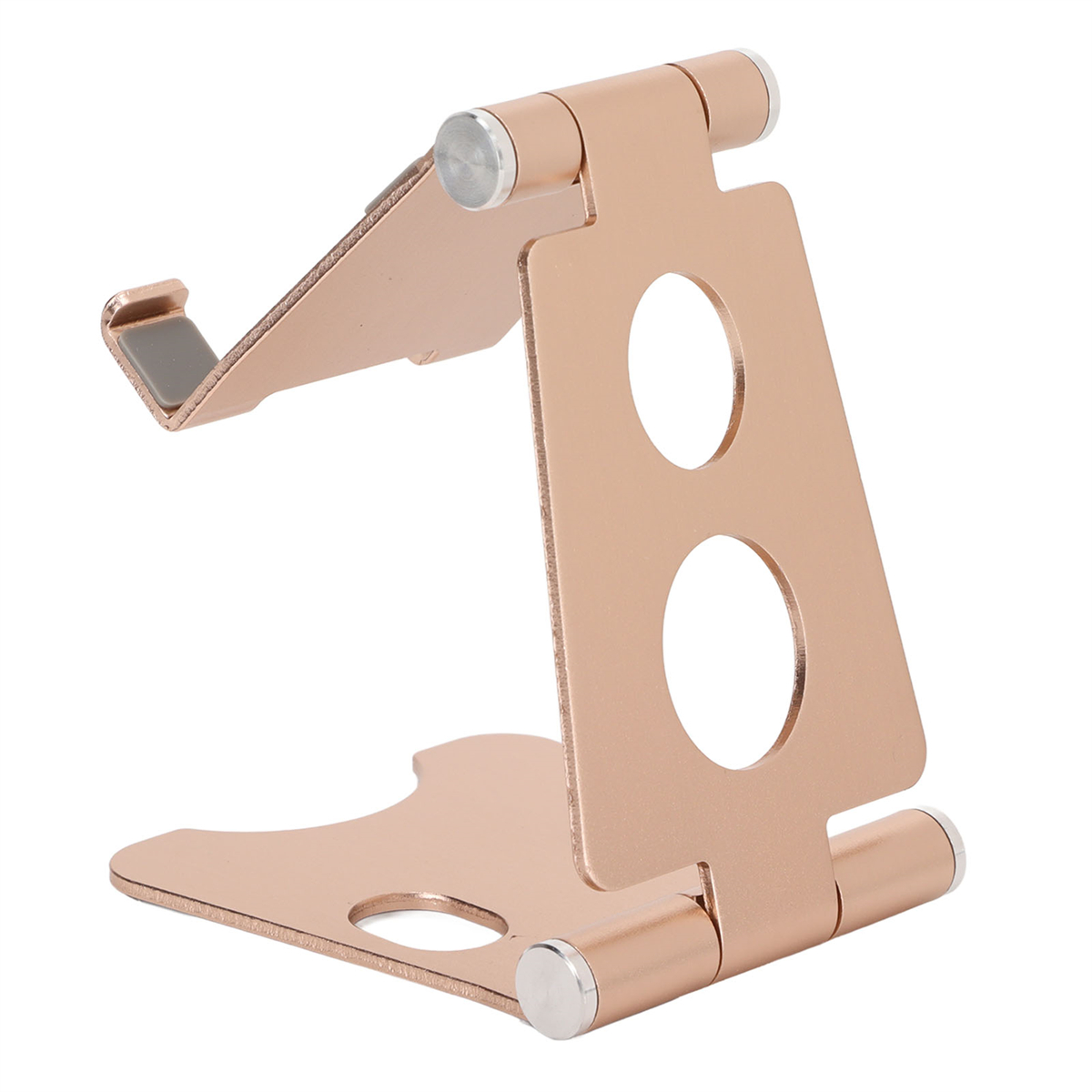 Ein roségoldener Telefonständer. Er hat einen abgewinkelten Abschnitt zum Halten des Telefons und zwei kreisförmige Aussparungen.