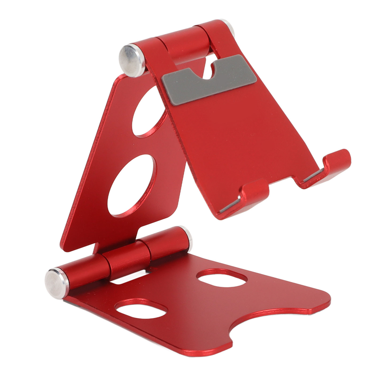 Roter, zusammenklappbarer Telefonständer. Silberne Scharniere. Schräge Ansicht, weißer Hintergrund.