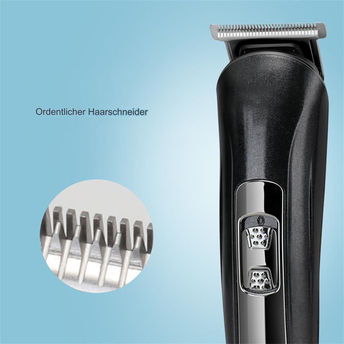 Nahaufnahme eines schwarzen Haarschneiders mit Detailansicht der Klingen und einem Diagramm.