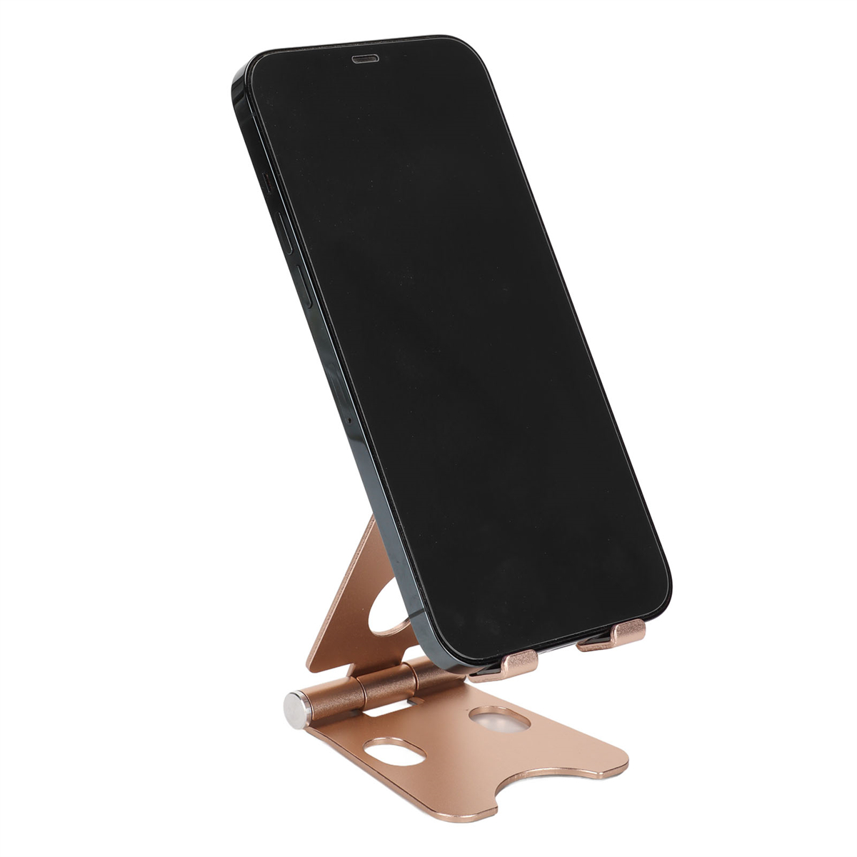 Roségoldfarbener Telefonständer, der ein schwarzes Telefon hält. Winkelansicht, Ständer ist zusammengeklappt.