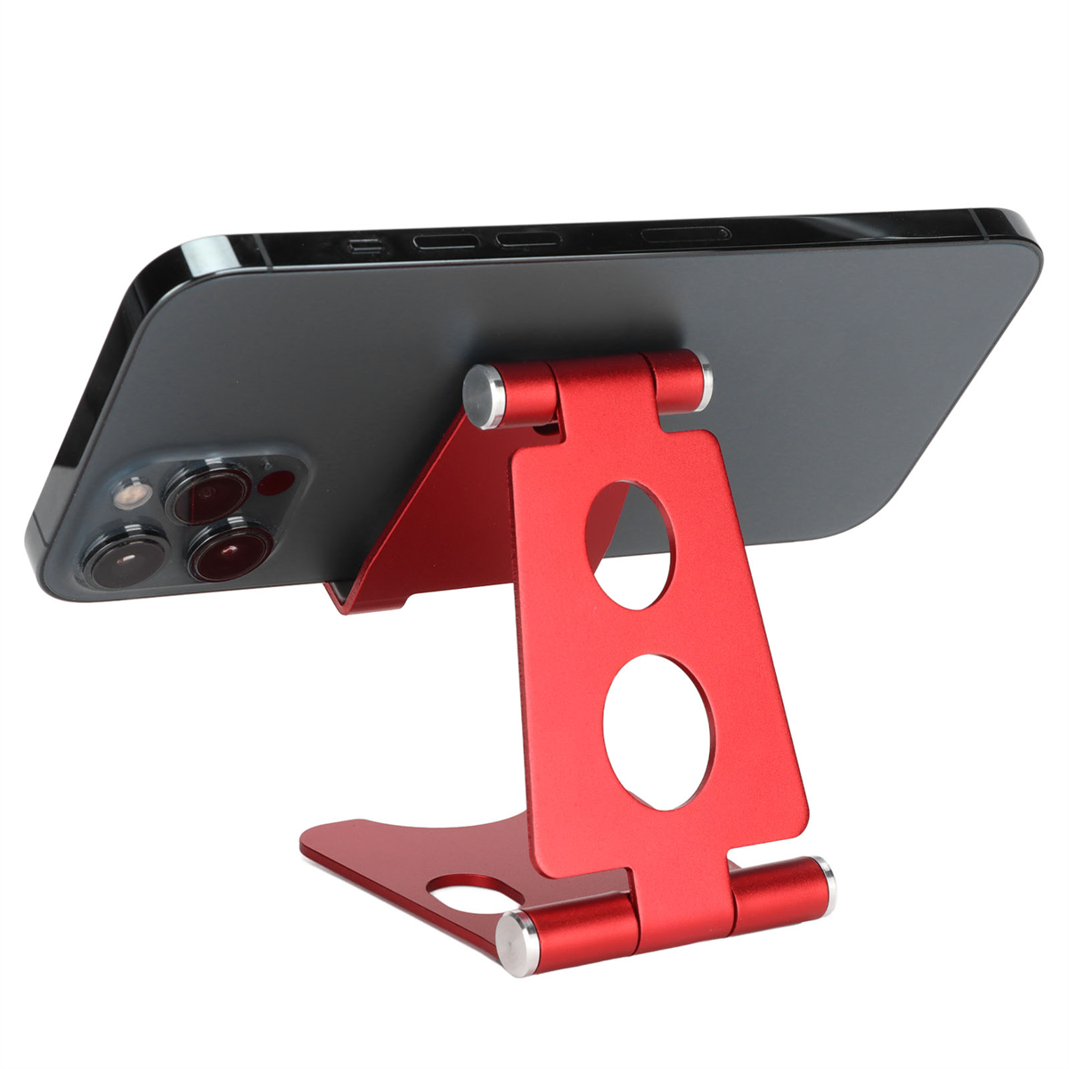 Roter Telefonständer, der ein schwarzes Telefon hält. Der Ständer hat ein faltbares Design.
