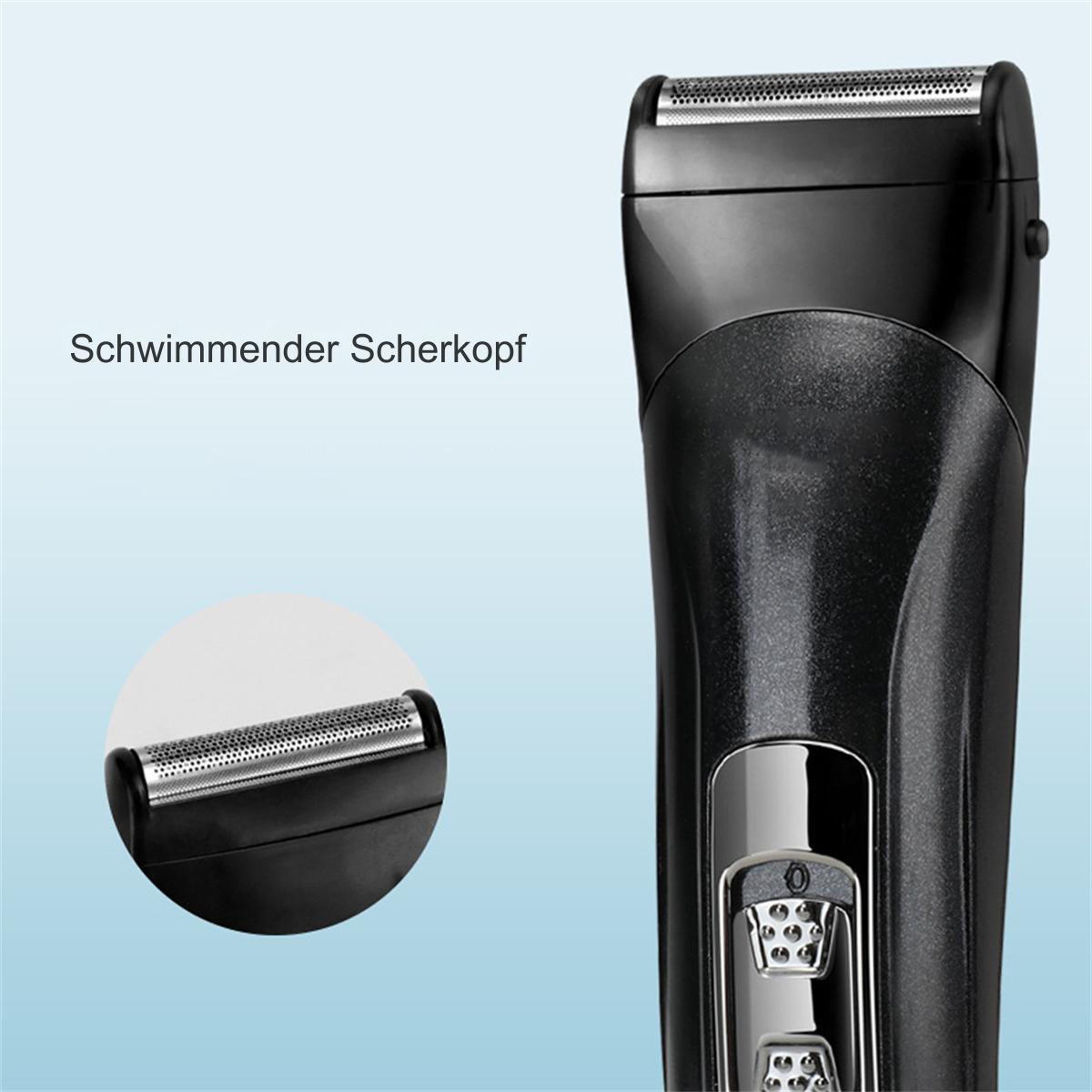Nahaufnahme eines schwarzen und silbernen Elektrorasierers. Blauer Hintergrund.