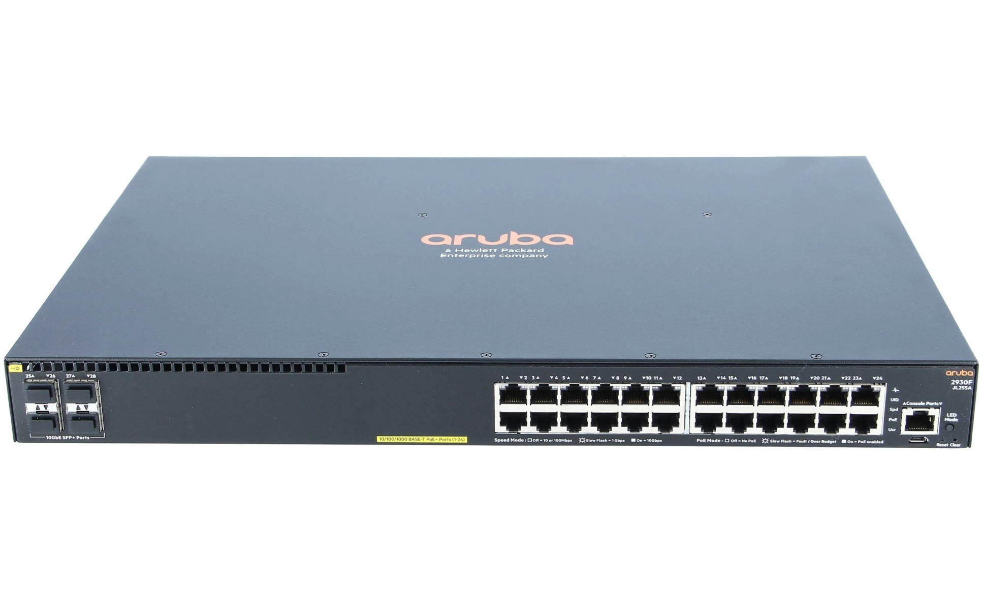 Schwarzer Aruba-Netzwerk-Switch mit zahlreichen Anschlüssen. Aruba-Logo oben. Beschriftete Anschlüsse und Lichter vorne.