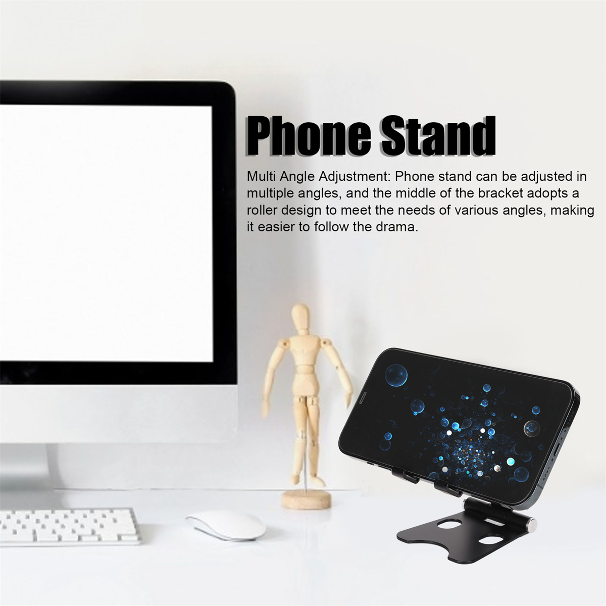 Ein Telefonständer, der ein Telefon mit schwarzem Bildschirm hält. Eine Holzmannequin und ein Monitor im Hintergrund.