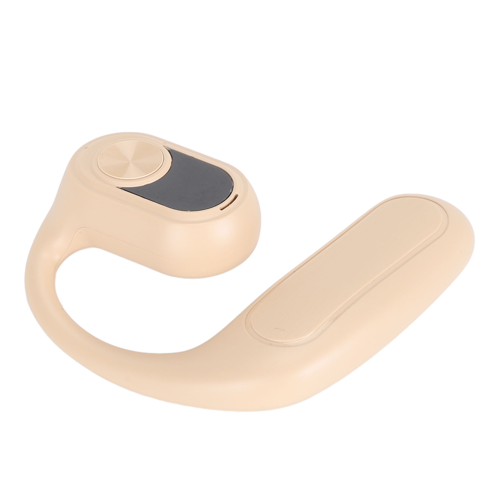 Beiges Bluetooth-Headset im Nackenbügel-Stil auf weißem Hintergrund.