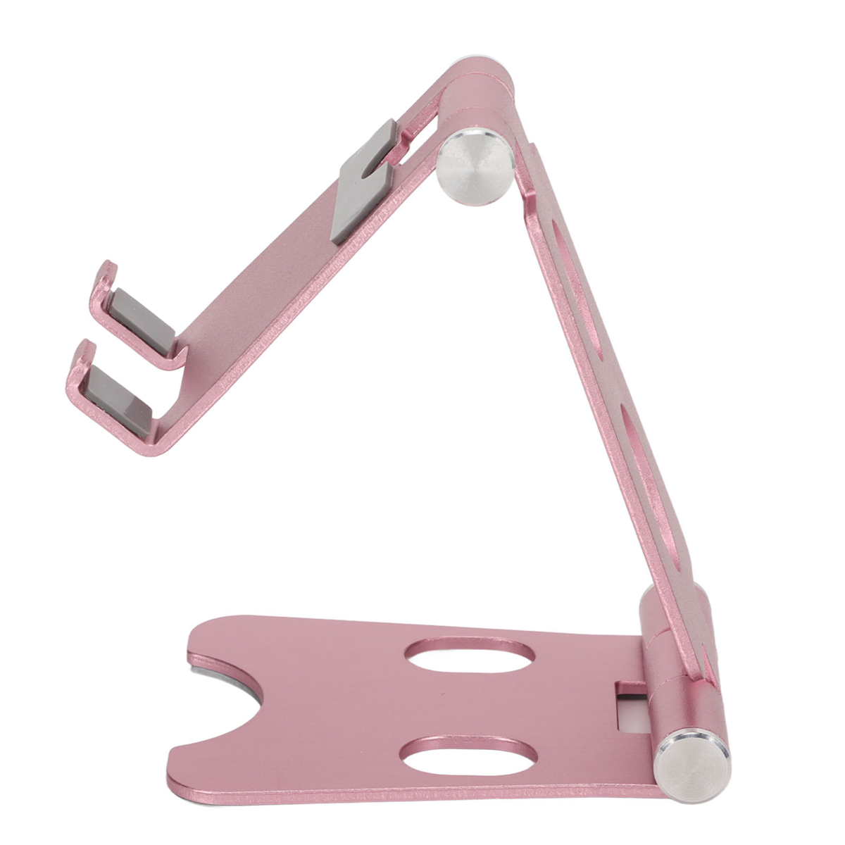 Ein pinkfarbener, faltbarer Telefonständer in angewinkelter Position, mit sichtbaren Schlitzen.