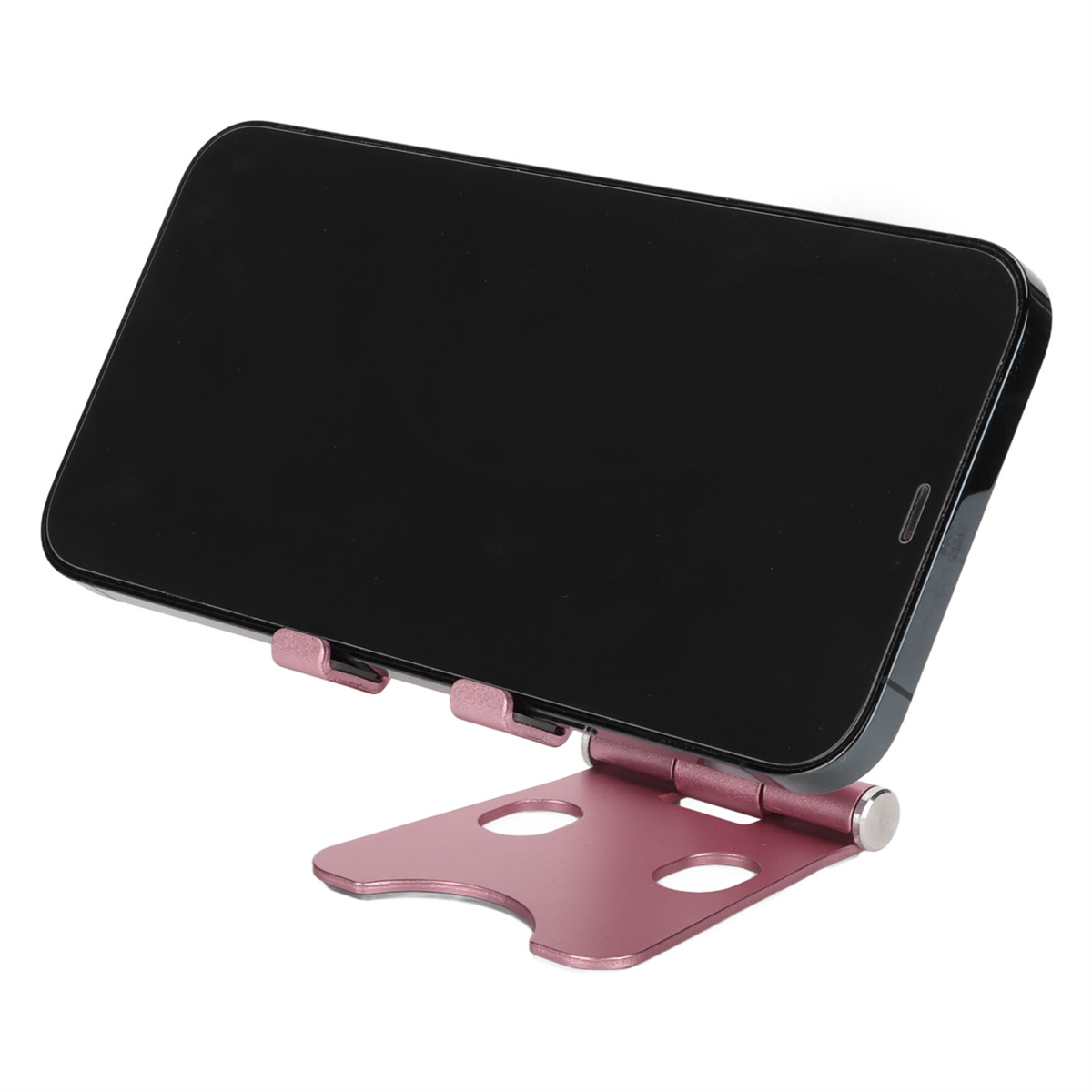 Ein pinkfarbener Telefonständer, der ein schwarzes Smartphone hält. Der Ständer ist dreieckig gefaltet.