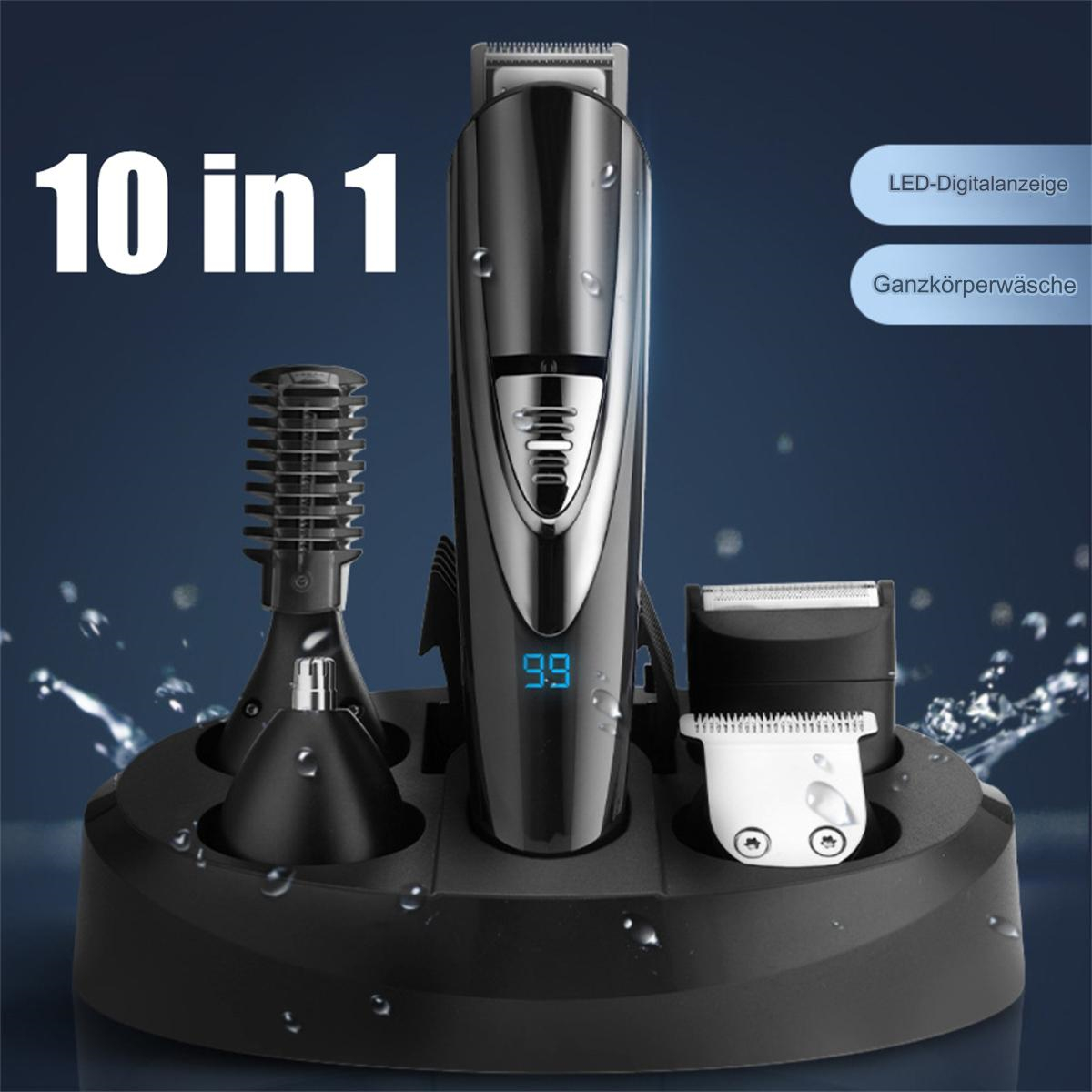 Ein 10-in-1 elektrisches Trimmer-Kit-Set mit mehreren Aufsätzen. Schwarze Basis mit Wassertropfen.