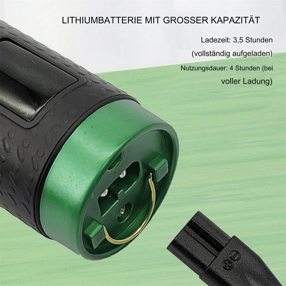 Nahaufnahme: Schwarzes und grünes Gerät mit Ladeanschluss. Text: LITHIUMBATTERIE MIT GROSSER KAPAZITÄT.