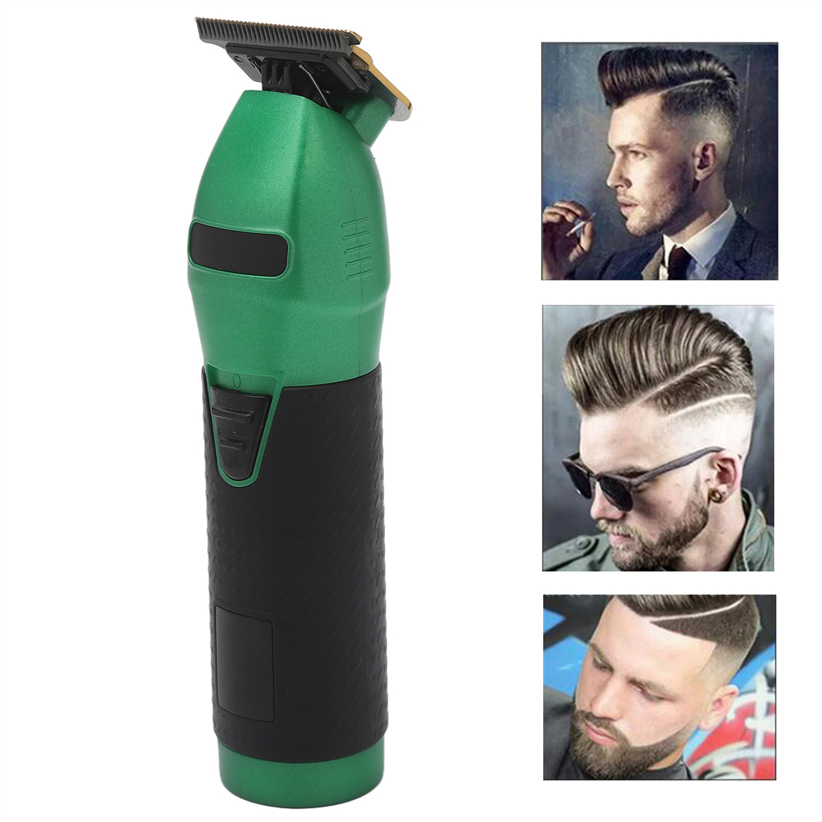 Grüner Haarschneider mit Bildern von stylischen Haarschnitten.