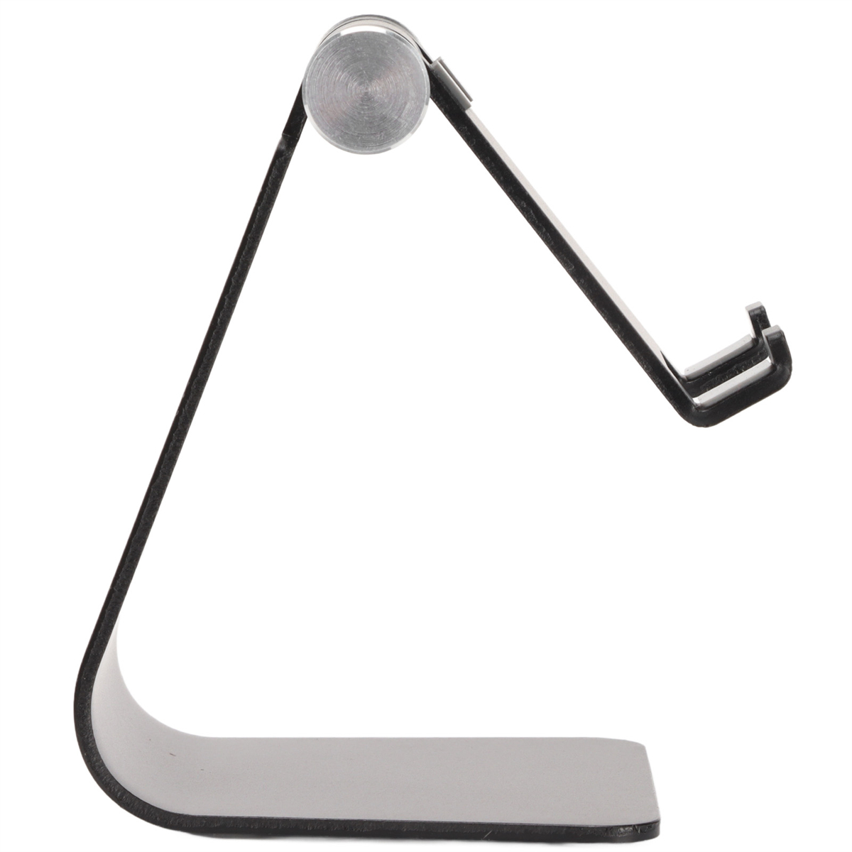 Ein Metall-Telefonständer, schwarz und silber, abgewinkeltes Design.