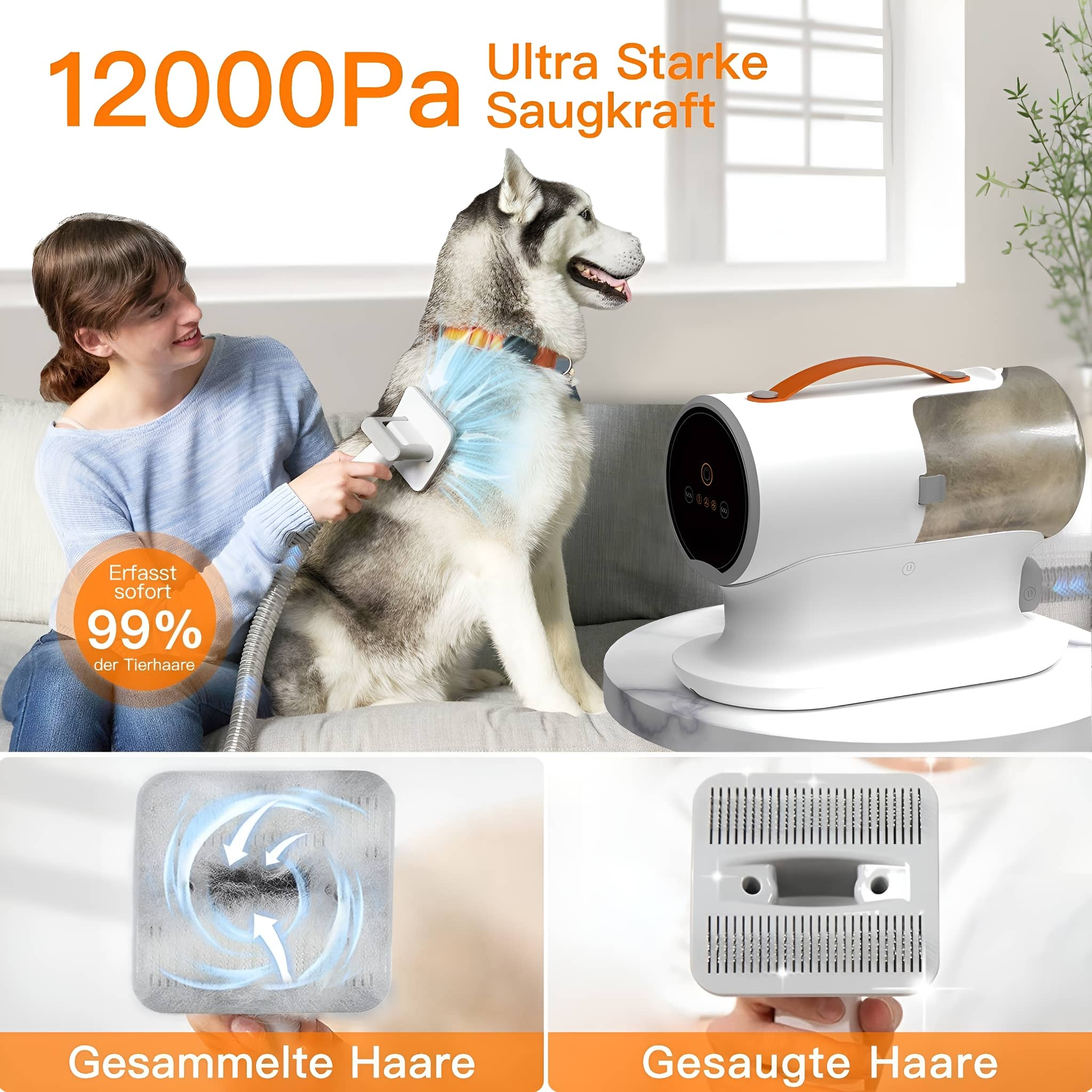 Eine Frau benutzt einen Tierhaarstaubsauger an einem Husky. Der Staubsauger ist weiß, der Hund sitzt.