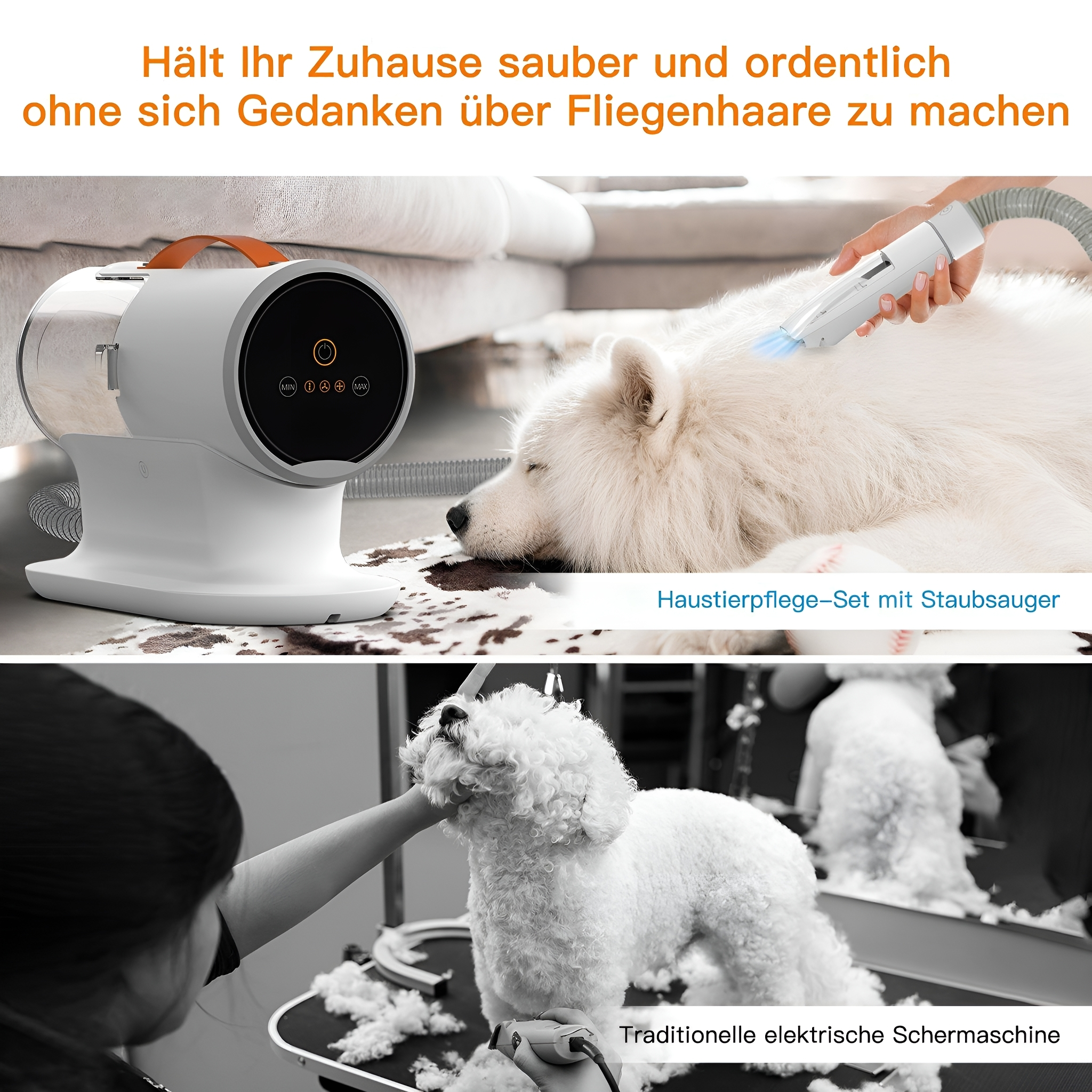 Ein Bild von zwei Szenen. Eine zeigt einen Hund, der gepflegt wird, die andere eine Maschine.