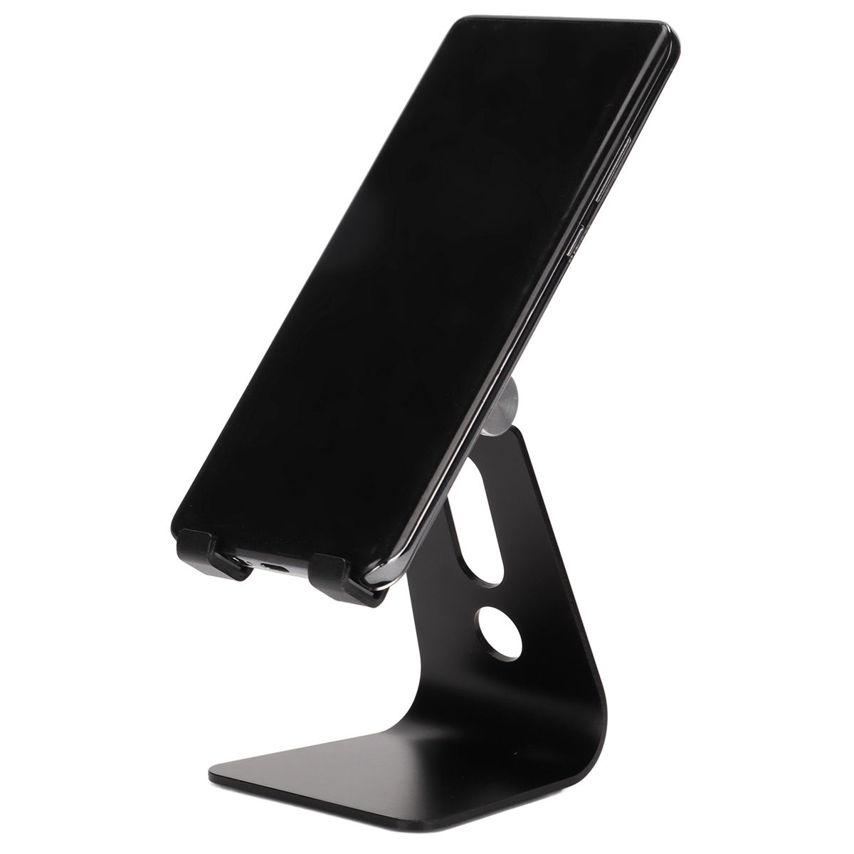 Schwarzes Telefon auf einem schwarzen und silbernen Telefonständer.