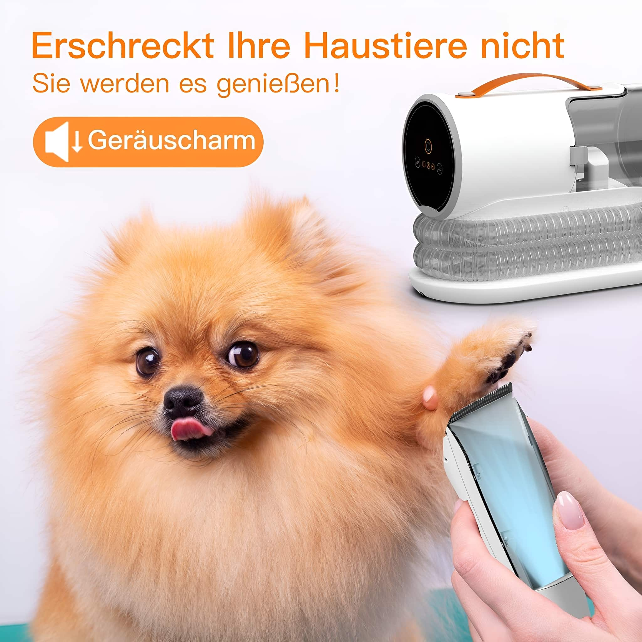 Ein Hund wird gepflegt. Ein Fellpflegegerät befindet sich neben einem Haarschneider, der Hund streckt die Zunge heraus.