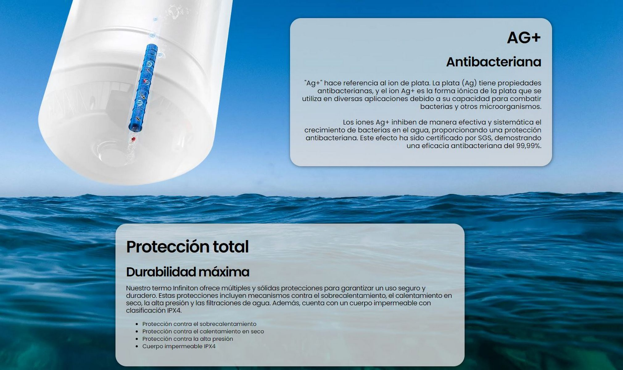 Imagen con texto sobre propiedades antibacterianas de iones de plata y protección total para la durabilidad.