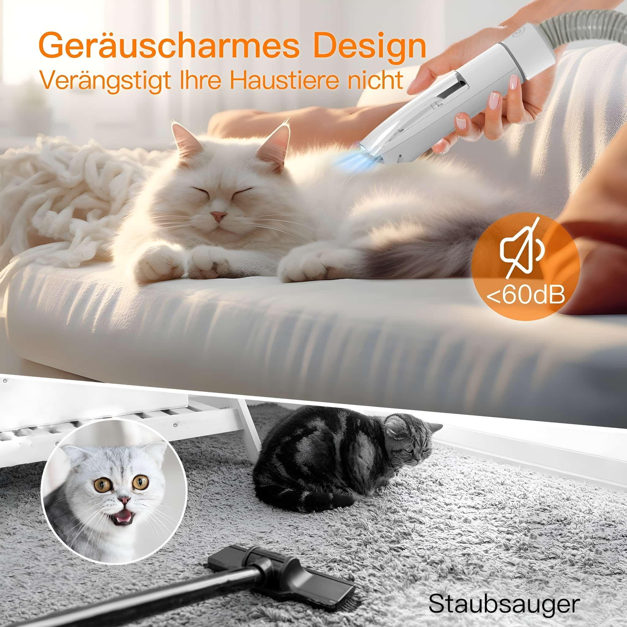 Eine Katze wird gesaugt, eine andere Katze auf dem Teppich und Text: 'Geräuscharmes Design'.