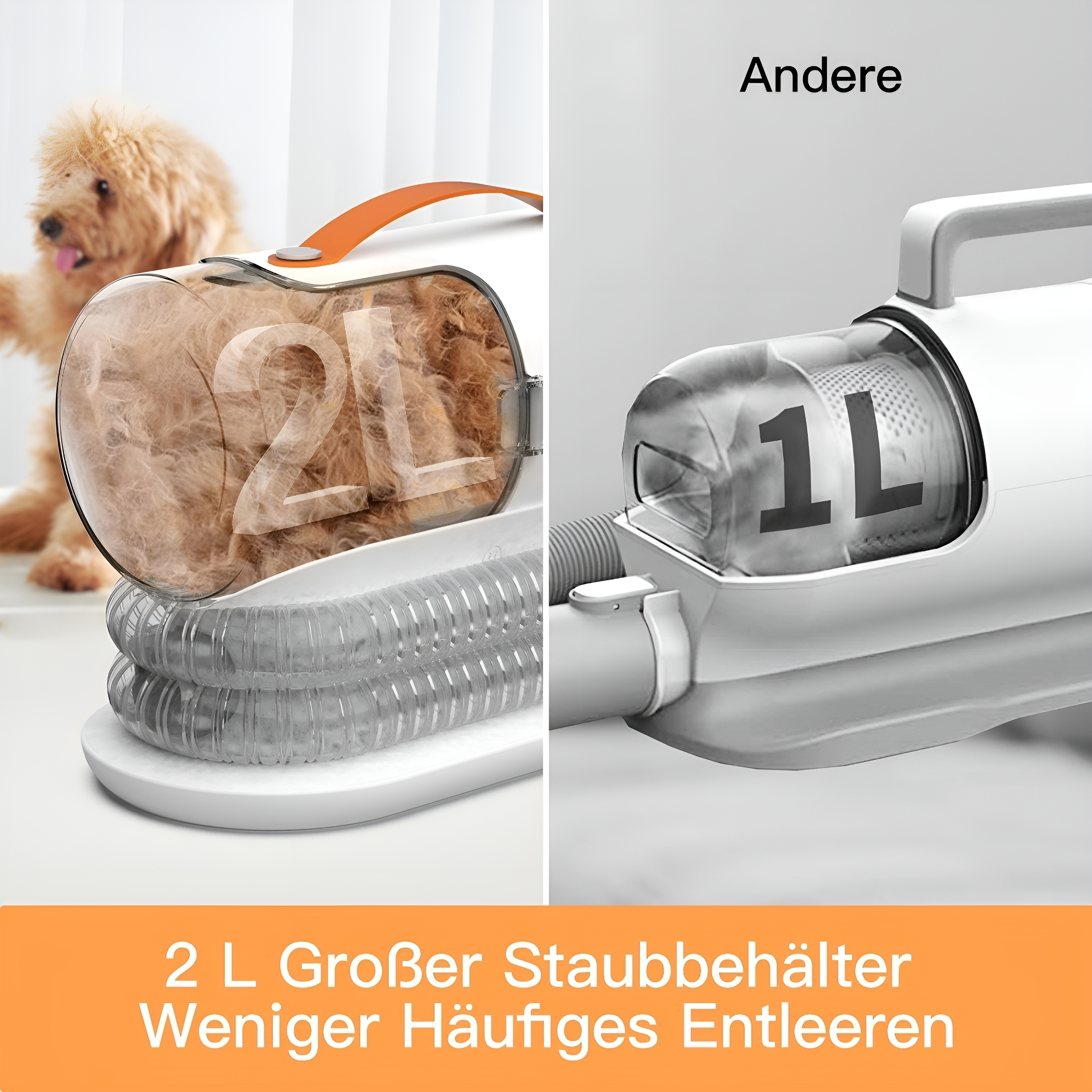 Zwei Staubsauger. Einer voller Tierhaare, der andere leer. Text im Bild.