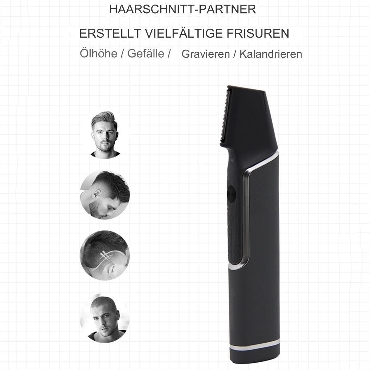 Ein schwarzer Haarschneider mit Bildern von Frisuren und einer Grafik über Haarschnitte.