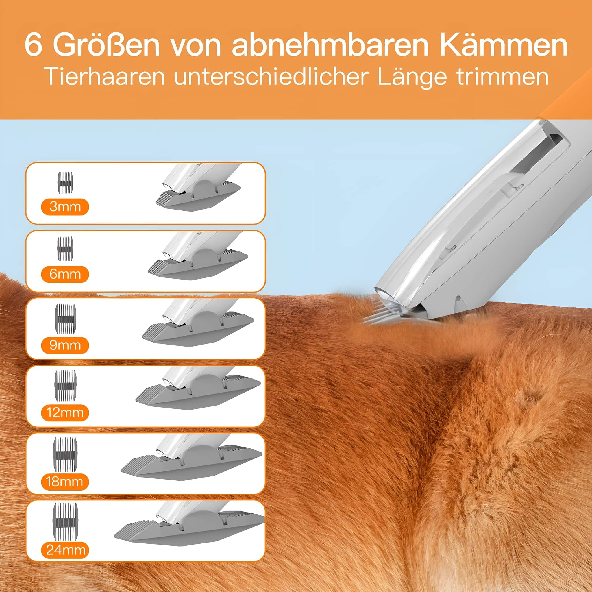 Ein Bild mit sechs Aufsätzen für Haarschneidemaschinen zum Trimmen von Tierhaaren in verschiedenen Längen.