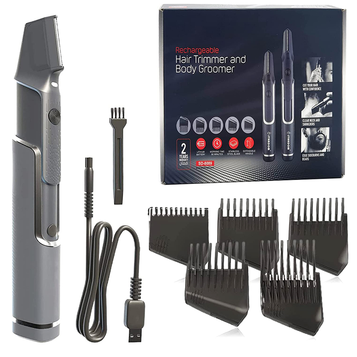 Wiederaufladbares Haarschneide- und Körperpflege-Set, einschließlich Trimmer, Ladegerät und Kämme, auf weißem Hintergrund.
