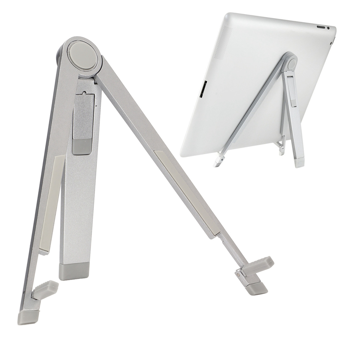 Silberner Tablet-Ständer, verstellbar und abgewinkelt, hält ein Tablet.