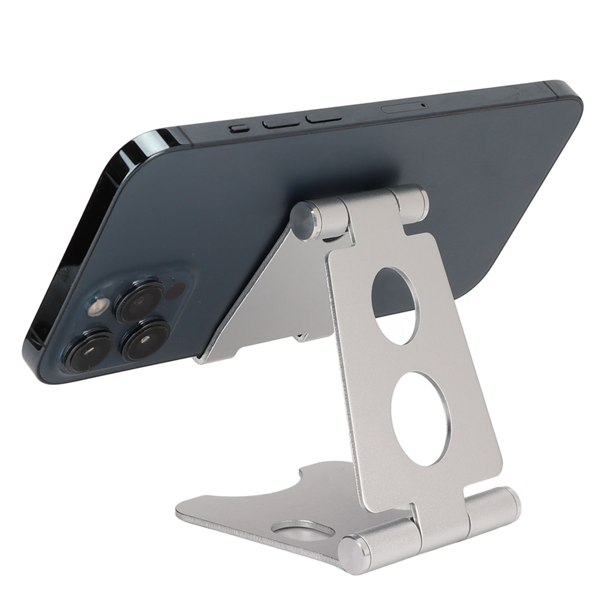 Silberner Telefonständer, der ein schwarzes Smartphone hält. Das Telefon zeigt die Kamera.