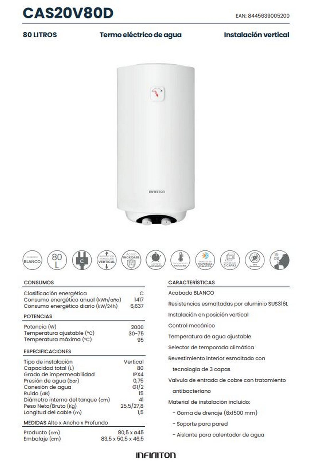 Calentador de agua eléctrico blanco con tabla de especificaciones. Es cilíndrico.
