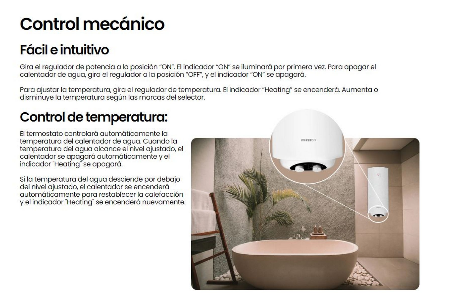 Baño con bañera blanca y calentador de agua, con texto explicando su funcionamiento.