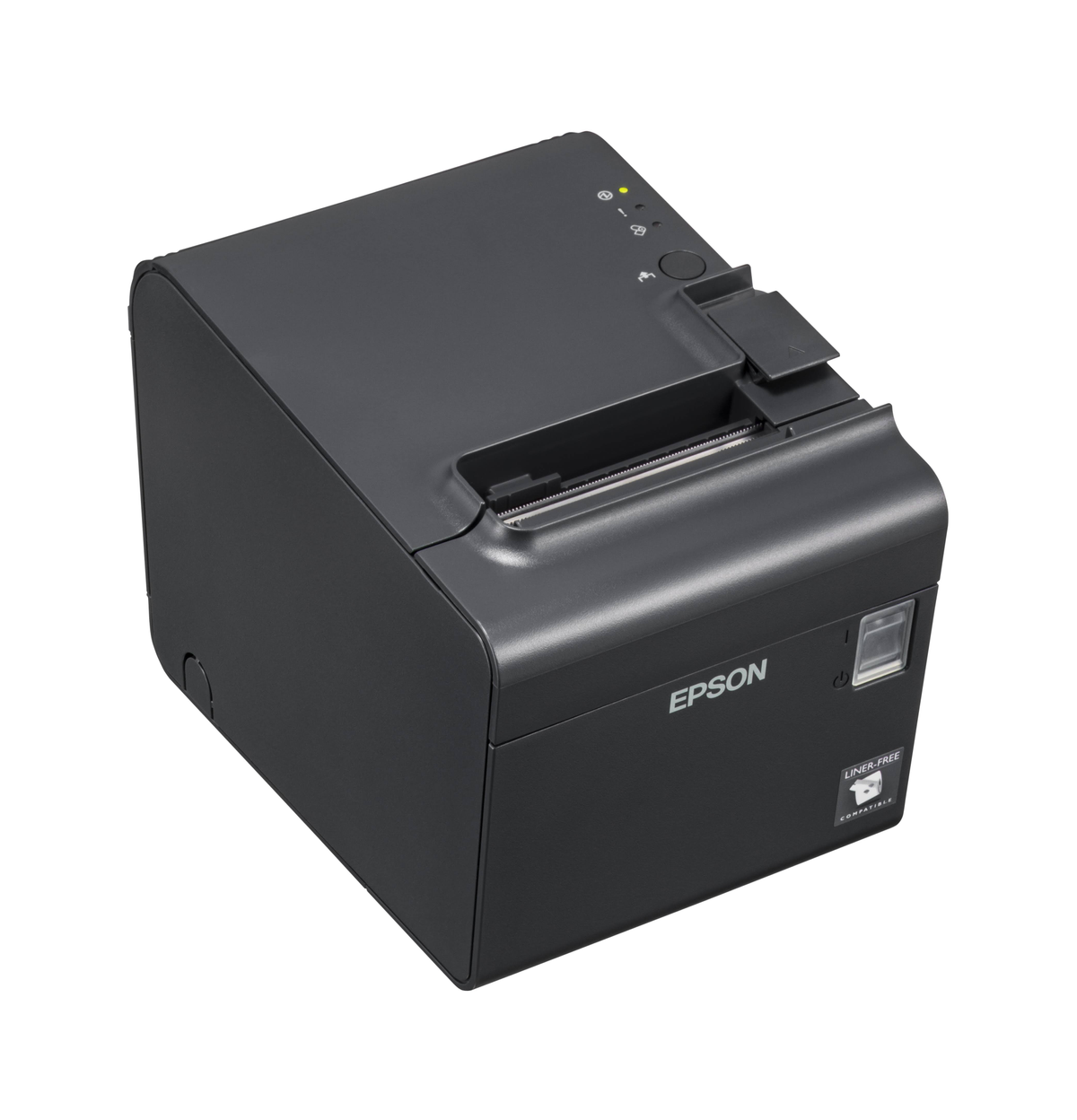 Schwarzer Epson-Thermodrucker, schräge Ansicht, mit Papierschlitz und Ein-/Aus-Taste.