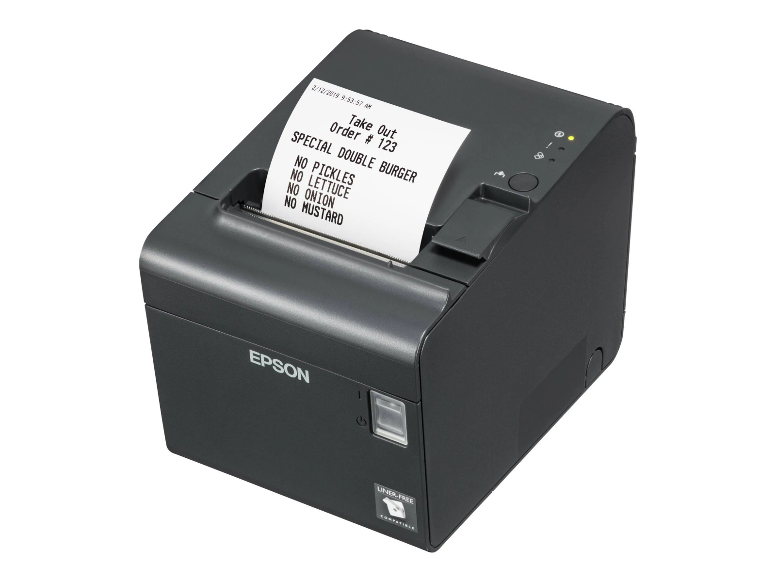 Schwarzer Epson-Drucker druckt eine Quittung mit Bestelldetails. Der Hintergrund ist weiß.