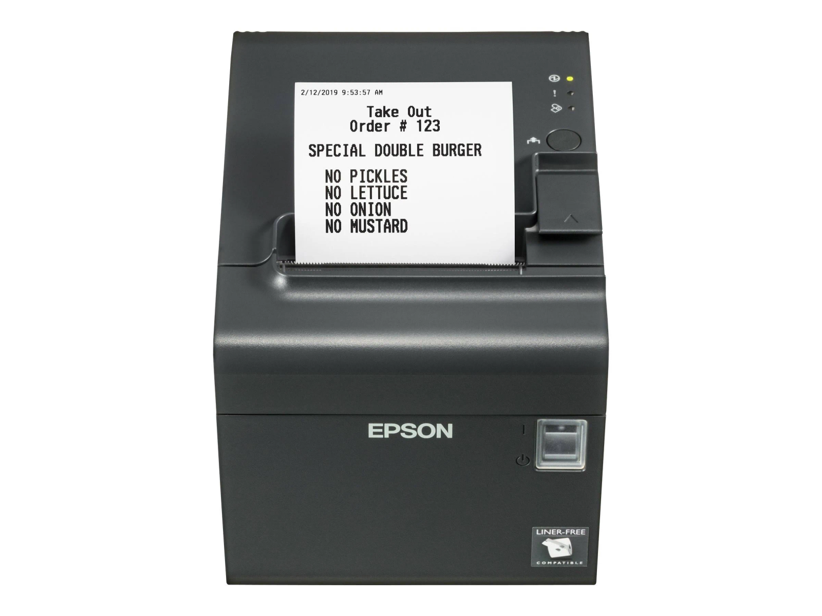 Schwarzer Epson-Drucker, der einen Beleg mit Bestelldetails druckt.