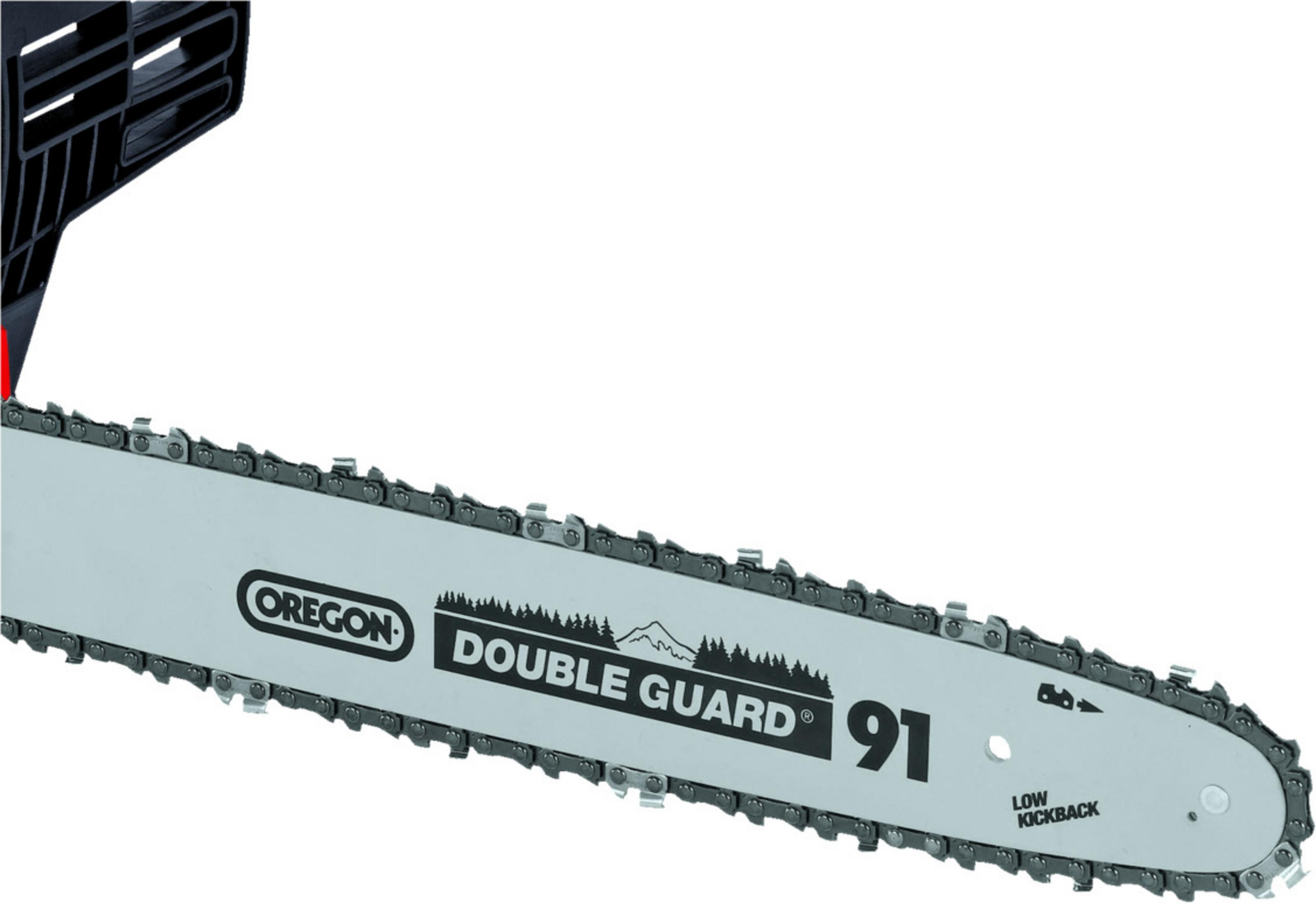 Zbliżenie prowadnicy piły łańcuchowej z napisem 'Oregon Double Guard' i łańcuchem.