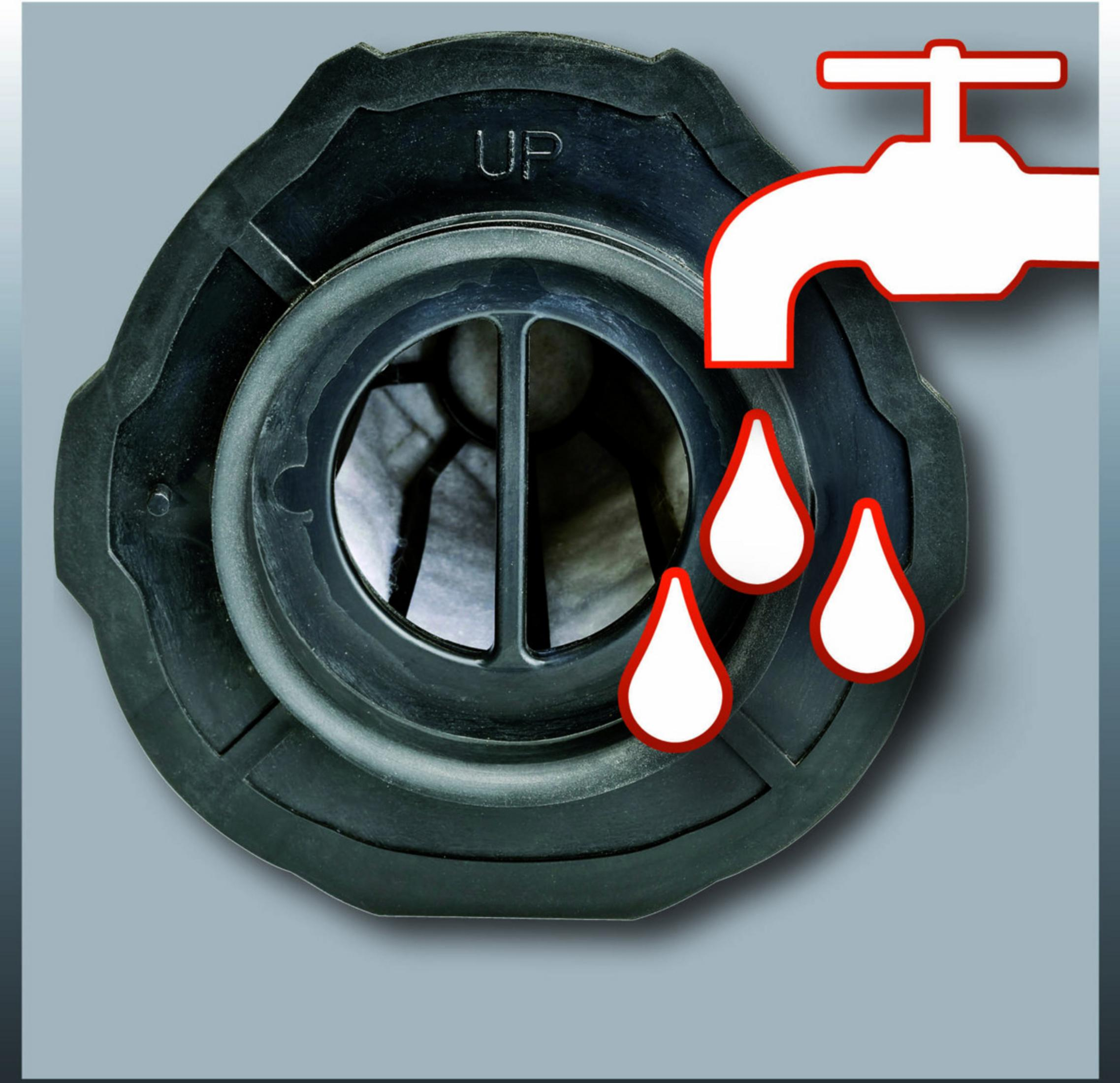 Zbliżenie czarnego filtra z kroplami wody i ikoną kranu na szarym tle.