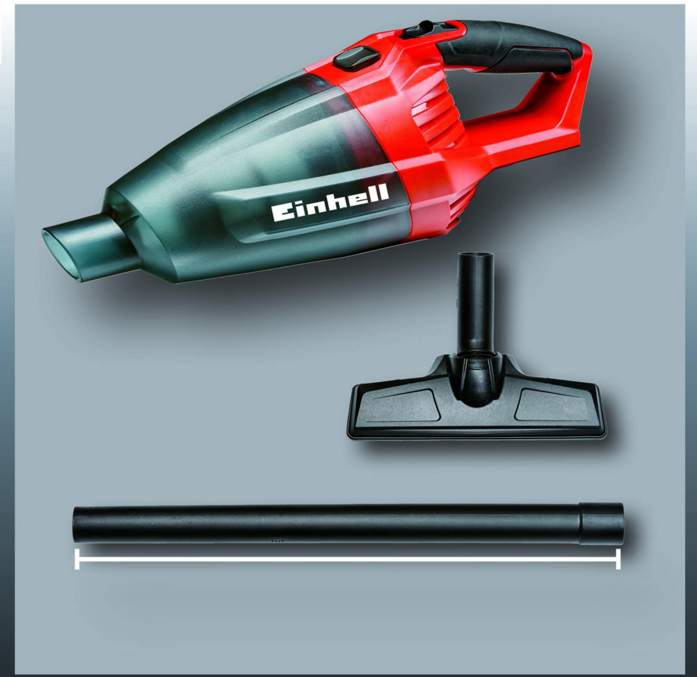 Czerwony i czarny odkurzacz ręczny z akcesoriami na szarym tle.