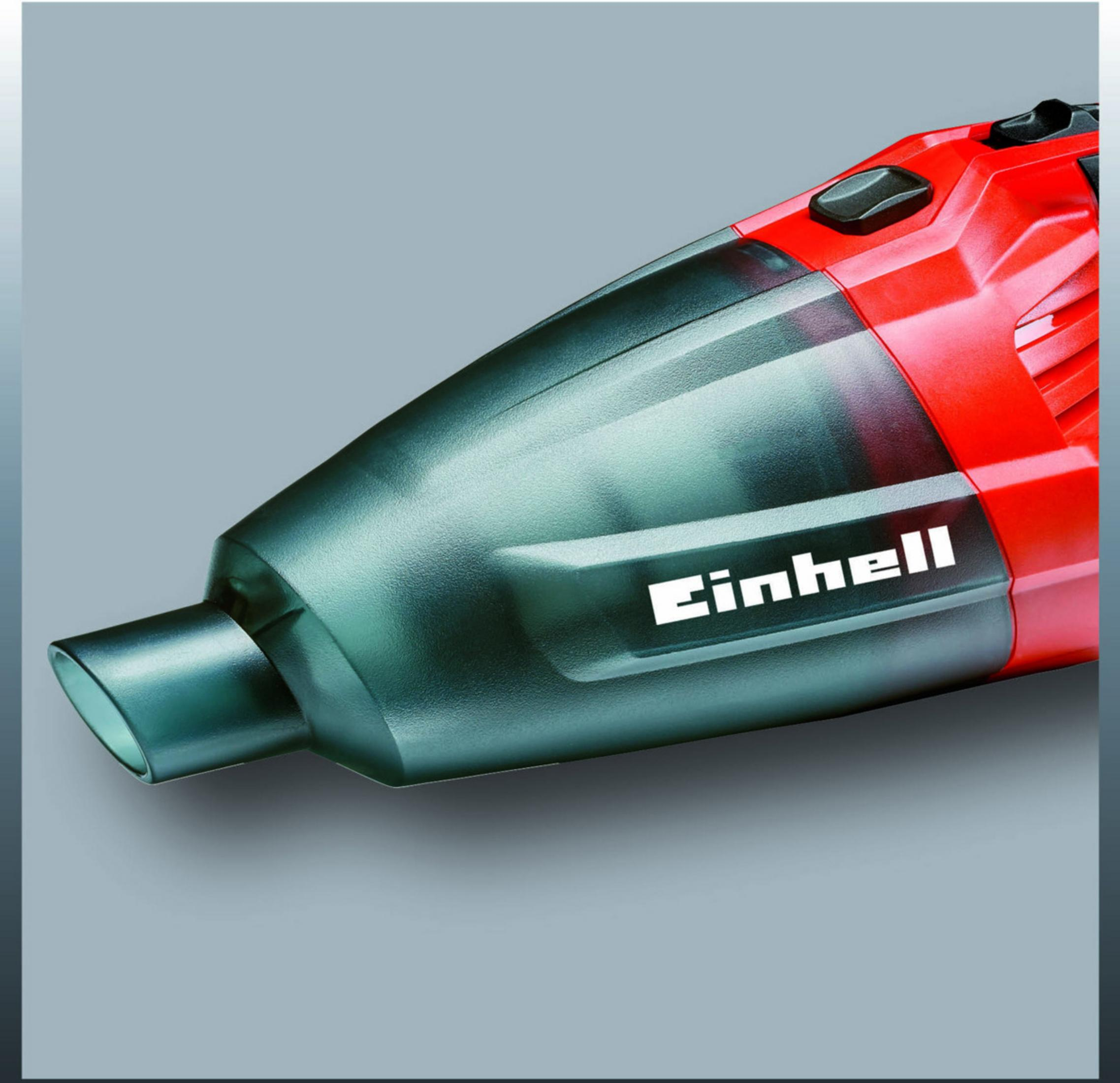 Czerwony i szary odkurzacz Einhell. Widoczne białe logo Einhell.