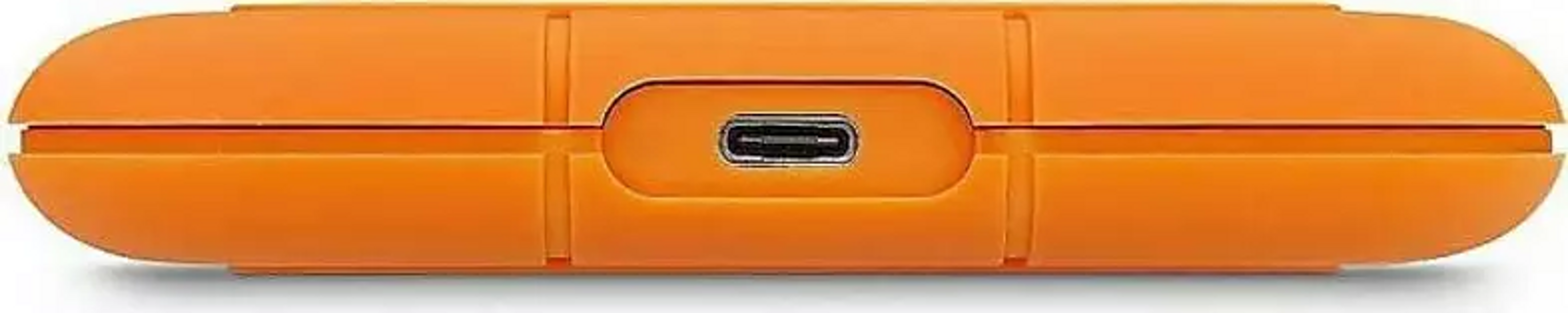 Disco duro externo naranja con puerto USB.